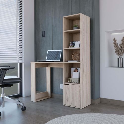Computer Desk with Single Door Cabinet and 4-Tier Shelf Bicknell, Light Gray Finish