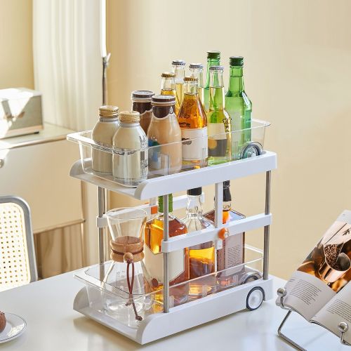 2-Tier Height Adjustable Under Sink Organizer With Flexible Wheels 2 Clear Trays with Movable Dividers Pull Out Cabinet Pantry Organizer For Kitchen B 2-Tier Height Adjustable Under Sink Organizer With Flexible Wheels 2 Clear Trays with Movable Dividers Pull Out Cabinet Pantry Organizer For Kitchen B