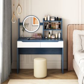 Table Set with HD Mirror Cushion Stool and Large Drawers Mini Makeup Dressing Desk Furniture for Apartment Bedroom/Girls Gift Blue (Color: as Pic)