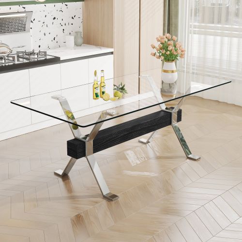 Dining table. Modern tempered glass dining table. Large modern office desk with silver plated metal legs and MDF crossbars